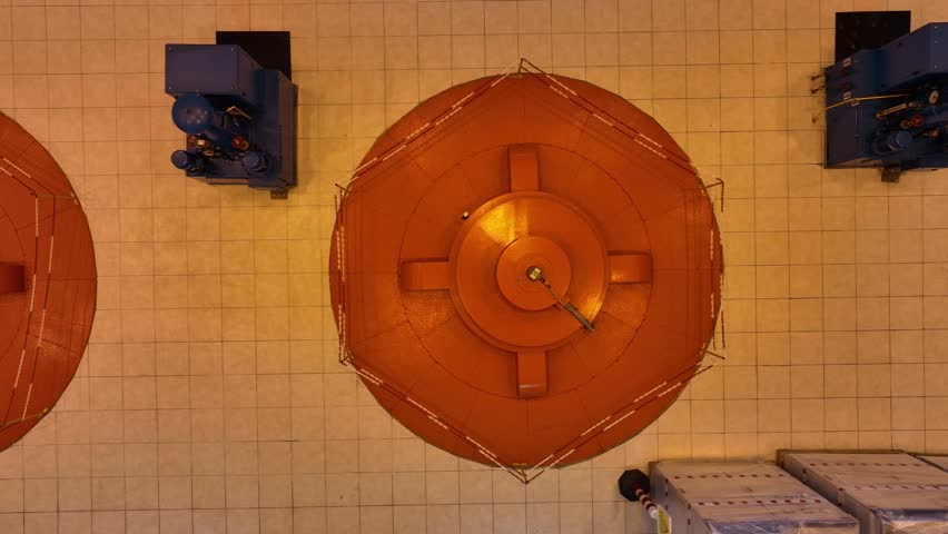 Interior of hydroelectric power plant turbine hall and generator equipment