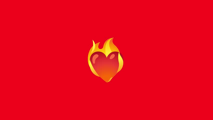 A flat design animation of a heart on fire on a solid red background. 2D motion graphic, minimalist vector style.