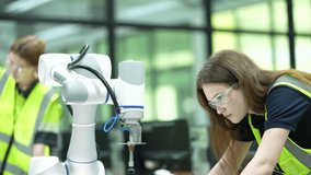 Empowering future female engineers. Diverse students mastering industrial robotics and AI automation with digital tablet in a modern innovation hub leading smart manufacturing careers. - Powered by Shutterstock - Get 15% off with code: PIKWIZARD15
