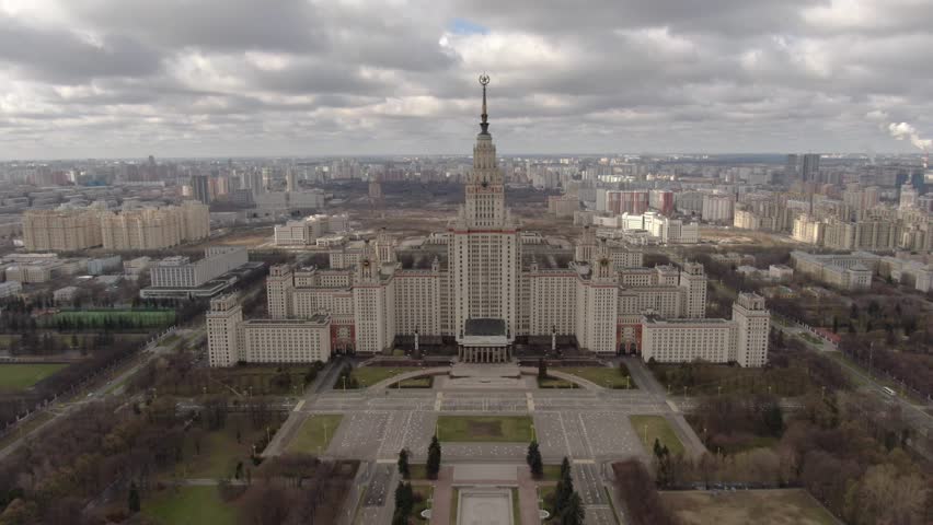 Drone flying forward and downward toward Moscow State University
