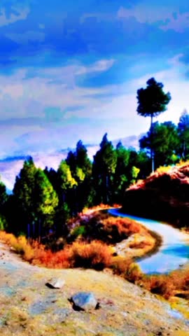 A beautiful scenic view of a peaceful road passing through a lush green forest. This natural landscape showcases calm surroundings, fresh greenery, and the beauty of untouched nature. Perfect for natu