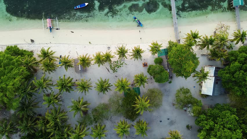 Aerial drone shot descends over tourist area on Candaraman Island, Balabac, Philippines. Camera reveals white sand beach clearing surrounded by dense tropical vegetation and coconut palms. Nipa huts and wooden structures visible among greenery, turquoise shallow water lapping at shoreline. Bird