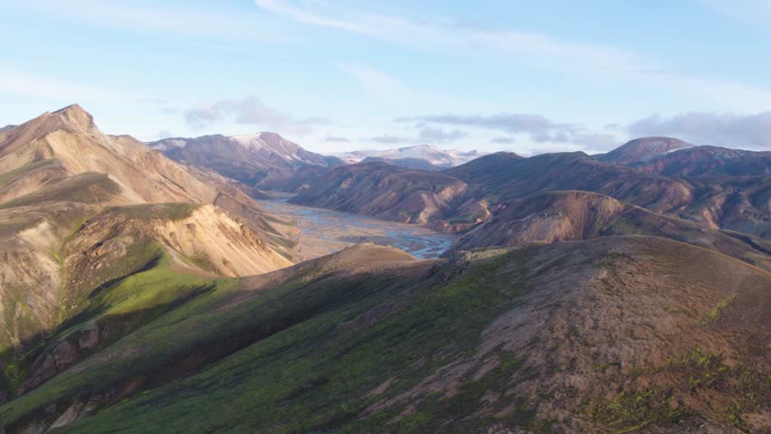 Icelandic Inland River Aerial View in Warm Sunlight 4K