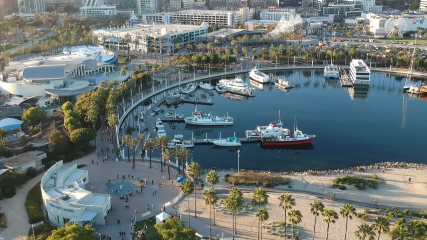 Boats docked at Long Beach marina with city surroundings.