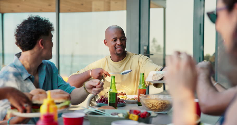 Eating, lunch or happy people outdoor together for bonding, share meal or conversation for social gathering. Reunion, talk or friends with party for connection, barbecue or support for relationship