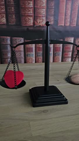 Balancing emotions with a heart and a shell on a scale in a library setting