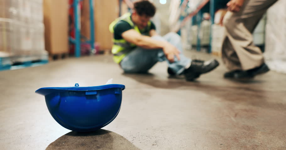 Logistics, helmet or people in warehouse with accident, fall or emergency in supply chain. Safety, compliance or employees in depot with ppe, risk prevention or injury in distribution industry.
