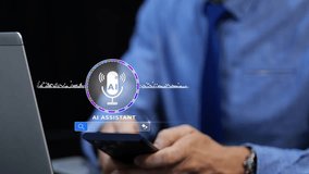 Businessman using AI voice assistant on smartphone with animated microphone for chat with AI agent - Powered by Shutterstock - Get 15% off with code: PIKWIZARD15