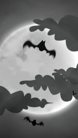 Full Moon With Swirling Bats And Cloud Banks In Monochrome Sky, Dramatic Nocturnal Flight And Silhouetted Branches In Foreground