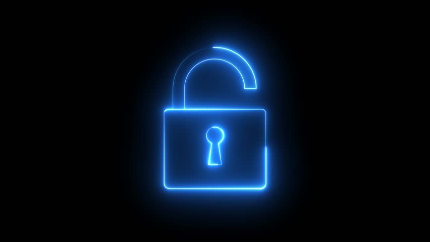 Glowing neon blue color security unlocking icon animation unlock encryption open lock protection sign symbol on black background
