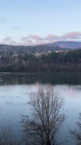 Scenic winter sunset at Pancharevo Lake near Sofia, Bulgaria. Pink clouds over snowy Vitosha mountain peak, calm water with reflections and swimming wild ducks framed by bare tree branches.