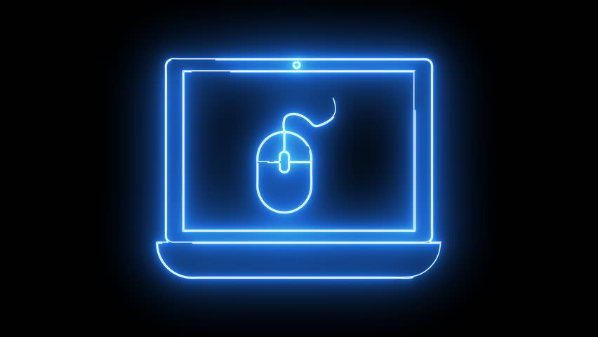 A glowing blue neon outline of a laptop featuring a mouse icon on its screen against a black background