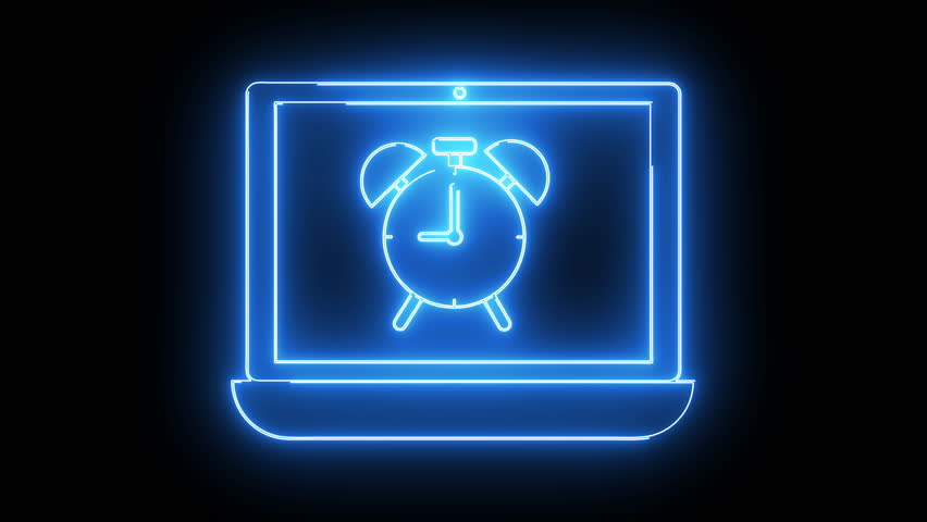 A neonblue laptop displays a neonblue clock set against a dark background