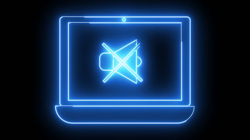 Blue neonstyle outline of a laptop with a crossedout speaker icon on the screen against a black backdrop