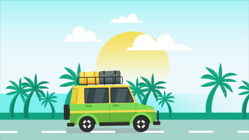 2D Flat Animation of a Green Travel Car Driving Along a Tropical Beach Road