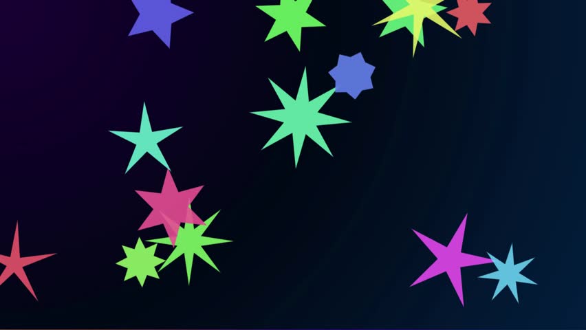 A playful and bright animation of multi-colored stars of various shapes falling and floating across a dark gradient background.