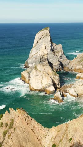 Cabo da Roca, Ursa Beach, Sea Stacks, Cliffs and Atlantic Ocean Waves on Sunny Day. Portugal. Vertical Video