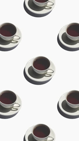 Seamless pattern of white tea cups with strong shadows on a white background. Tea cups move in different directions, vertical frame.