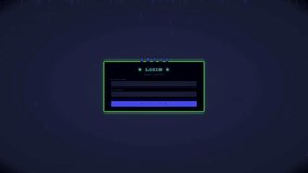 A login screen appears with fields for username and password. After entering details, a hacking sequence begins that shows a system being breached. This happens in a digital environment at night. - Powered by Shutterstock - Get 15% off with code: PIKWIZARD15
