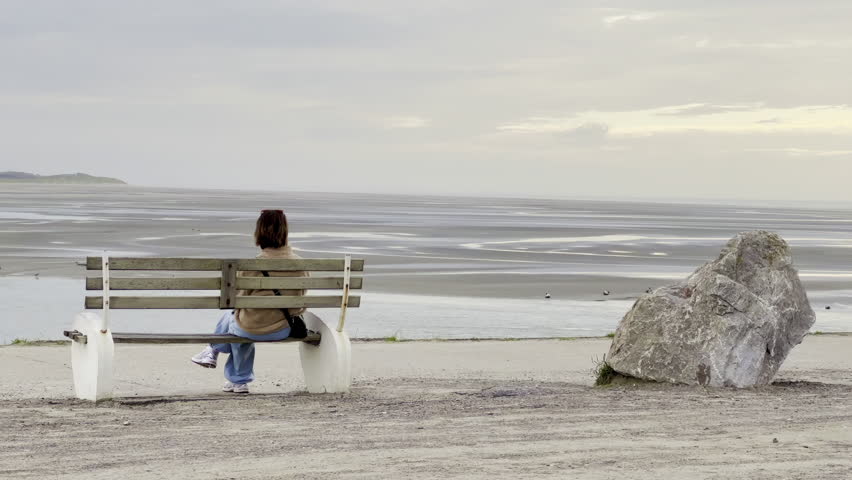 Woman sitting on seaside bench in Berck overlooking Authie Bay at low tide, seagull flying above calm sandbanks, tranquil cloudy sunset sky, France