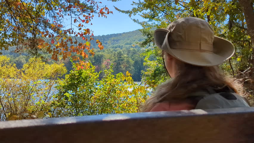 Young Female in Hat Looking at Mountains Lake Landscape. Freedom Wanderlust Adventure Traveling Concept. Young Woman Hiker in Autumn Forest, Back View, Surrounded by Trees With Orange Falling Leaves. 