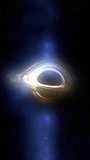Dramatic glowing vertical illustration of a black hole in outer space, with glowing accretion disk and warped light against a star filled cosmic background. 14992 - Powered by Shutterstock - Get 15% off with code: PIKWIZARD15