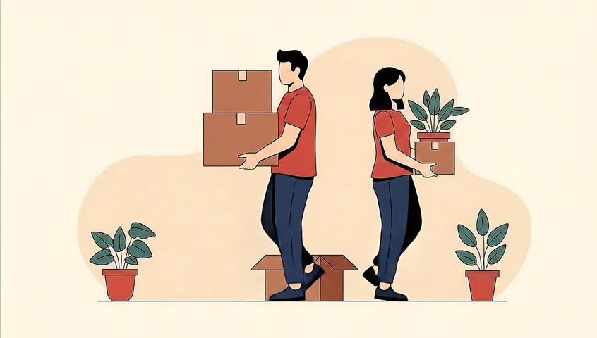 Relocation and Delivery Loop. People Transporting Cardboard Boxes and Decor.