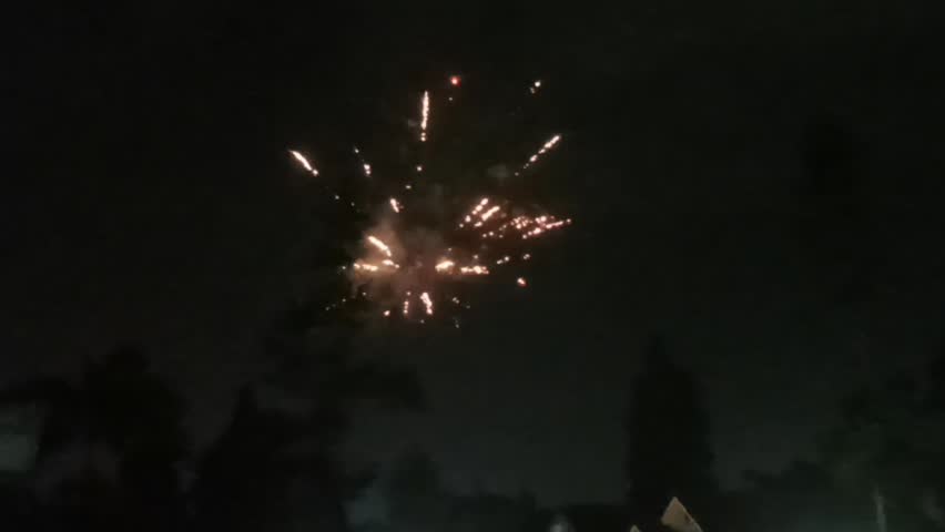 ​Colorful fireworks exploding in the dark night sky over the city silhouette during New Year Eve celebration.