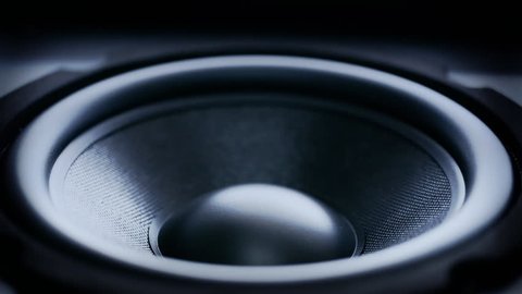 Closeup at moving sub-woofer. Speaker part. 