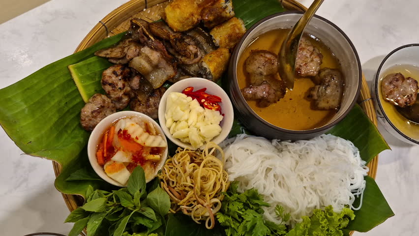 Bun Cha Vietnamese soup noodle  with caramalized grilled pork