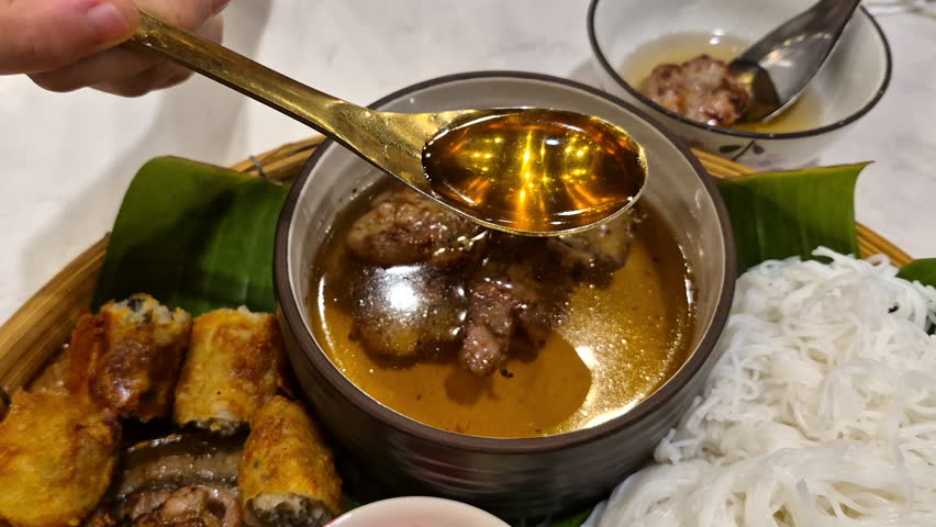 Bun Cha Vietnamese soup noodle  with caramalized grilled pork