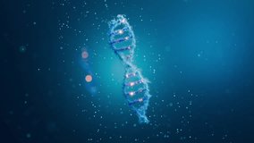 DNA helix made of liquid like particles rotating and breaking apart. 3D animation for gene editing, mutation, genetic research, and biotechnology concept on dark blue background. - Powered by Shutterstock - Get 15% off with code: PIKWIZARD15