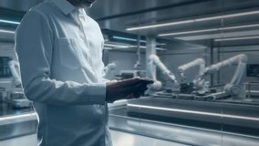 Engineer In Futuristic Electronics Assembly Factory Uses Tablet To Control Robotic Arms And Monitor Holographic Circuit Diagrams, White Lab Coat - Powered by Shutterstock - Get 15% off with code: PIKWIZARD15