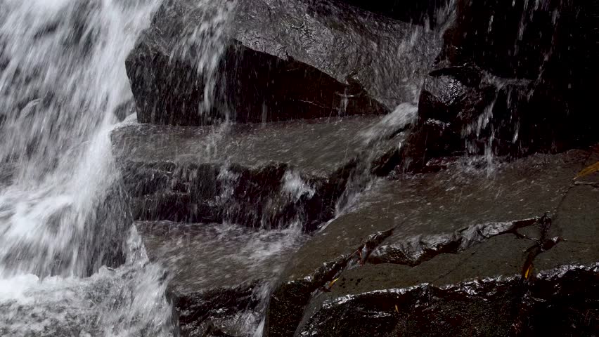 Panning shot of a rushing waterfall cascading over dark, layered rocks. Close-up detail of fresh white water splashing against wet black boulders in a natural river stream.