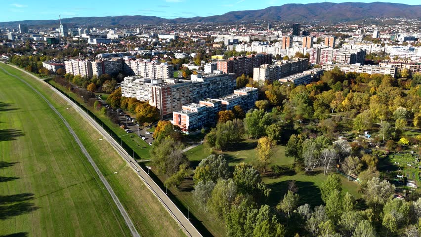 Aerial drone view of Sava river and Zagreb skyline on sunny autumn day, Zagreb, Croatia