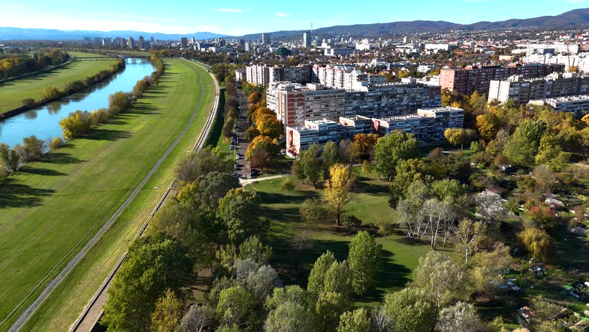 Aerial drone view of Sava river and Zagreb skyline on sunny autumn day, Zagreb, Croatia