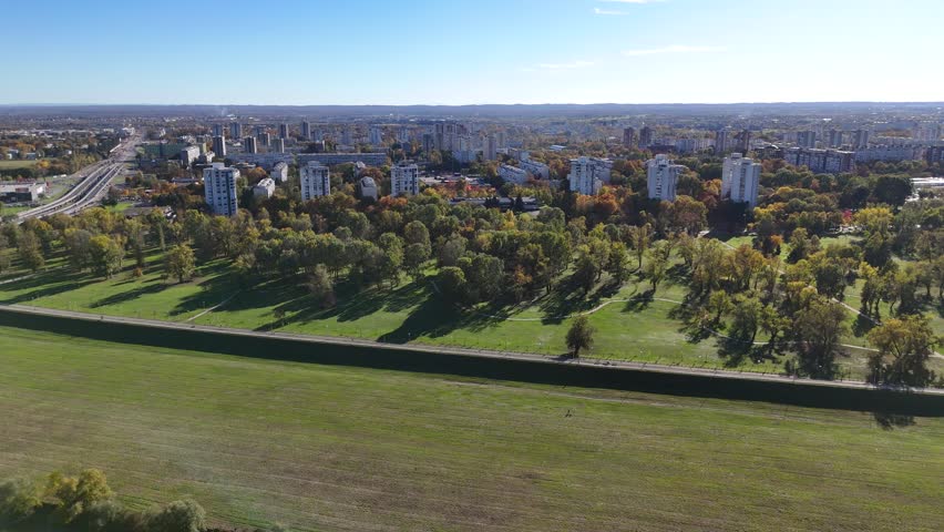 Aerial drone view of Sava river and Zagreb skyline on sunny autumn day, Zagreb, Croatia