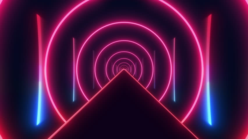 Neon red and blue glowing tunnel with circular light rings and deep perspective. Futuristic VJ loop for music visuals, concerts, clubs, cyber scenes and immersive sci fi motion backgrounds.