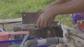 Close up of a person's hands cleaning and cutting fresh fish on a wooden chopping block - Powered by Shutterstock - Get 15% off with code: PIKWIZARD15