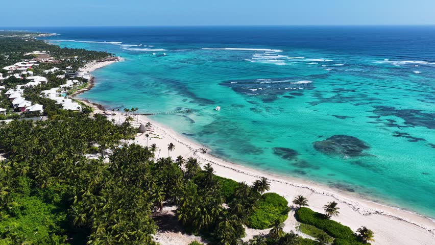 Punta Cana Skyline In Punta Cana La Altagracia Dominican Republic. Stunning Tropical Coastline Beach Scene Viewed From Above. Shore Sky Beach Sea. Shore Tropical Environment.