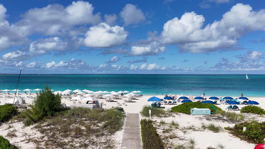 Grace Bay Beach In Providenciales Overseas Territory Turks And Caicos Islands. Stunning Tropical Coastline Beach Scene Viewed From Above. Island Life Landscape Leisure Stunning.
