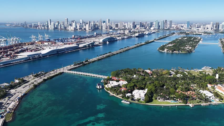 Miami Skyline In Miami Florida United States. Aerial View Of Stunning Beach With Crystal Clear Waters. Infrastructure Landscape Crowded Vibrant. Infrastructure Architecture Town. Miami Florida.
