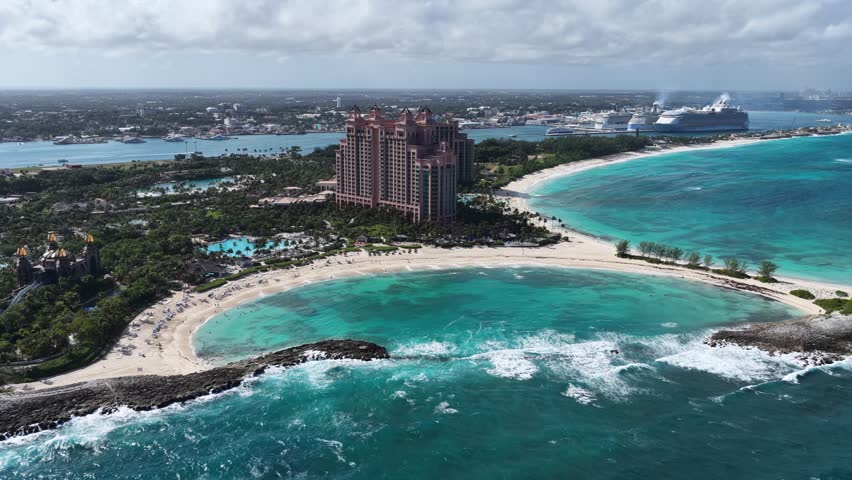 Bahamas Skyline In Paradise Island Nassau Bahamas. Aerial View Of Rooftop Skyscraper In Landmark Downtown. Shore Horizon Beach Sea. Shore Beach Travel. Paradise Island Nassau.