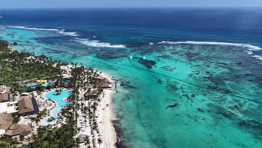 Punta Cana Skyline In Punta Cana La Altagracia Dominican Republic. Aerial View Of Stunning Beach With Crystal Clear Waters. Paradise Island Landscape Heaven Amazing. Paradise Island Waterfront Coast.