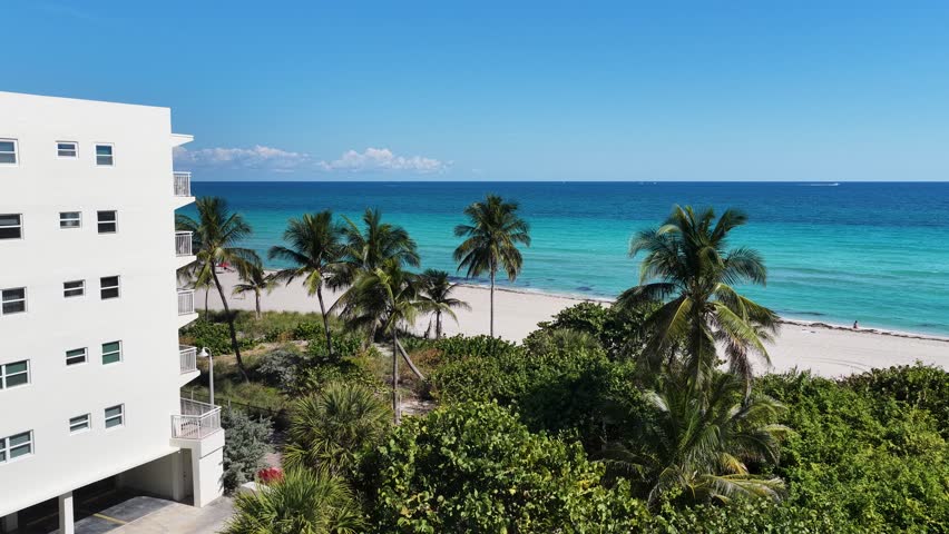 Tropical Skyline In Hollywood Beach Florida United States. Stunning Tropical Coastline Beach Scene Viewed From Above. Coast Sky Seaside Summertime. Coast Remote Location Travel.