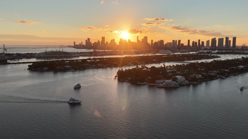 Sunset Bay In Miami Beach Florida United States. Breathtaking Aerial View Of A Lush Tropical Coastline Scenery. Building Infrastructure Skyline Buildings Awesome. Infrastructure Cityscape Buildings.