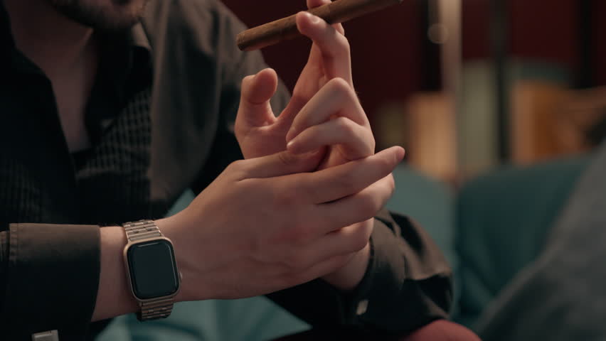 Nervous anxious business man rubbing hands holding cigar smoking poker gambling close up worried gamer male guy businessman cigarette hard game decision player risk betting playing casino bet indoor