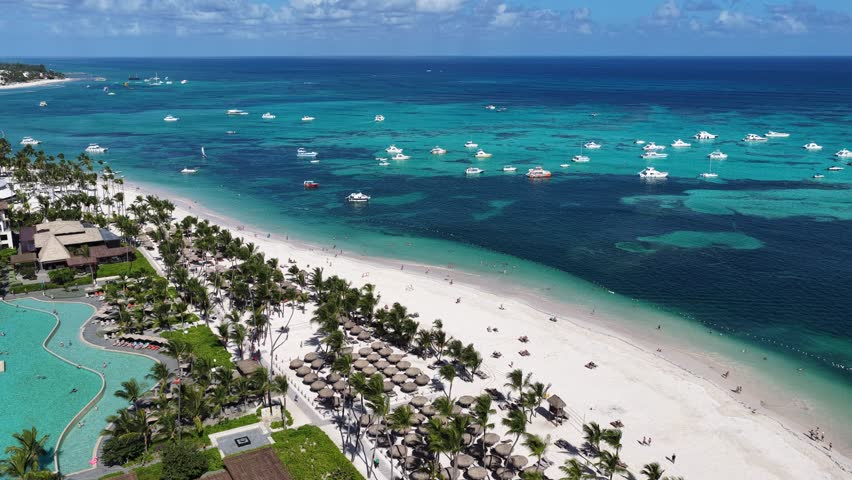 Turquoise Beach In Punta Cana La Altagracia Dominican Republic. Stunning Tropical Coastline Beach Scene Viewed From Above. Shore Horizon Beach Sea. Shore Beach Travel. Punta Cana La Altagracia.
