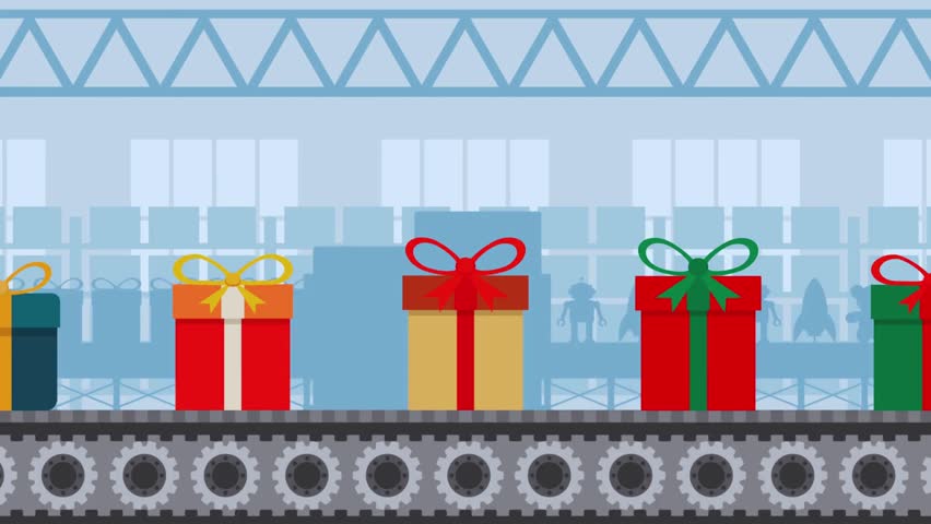 Toys move along a conveyor belt inside a Christmas factory, ready to be packed into festive gift boxes for the holiday season. The production line illustrates the preparation and packaging of Christmas presents, symbolizing holiday manufacturing, logistics, and festive joy. Colorful toys, organized packaging, and an efficient workflow create a cheerful industrial holiday atmosphere.