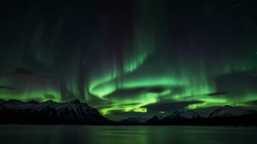 A spectacular night view featuring the Aurora Borealis or Northern Lights phenomenon lighting up the sky above snowy mountains and tranquil lakes.